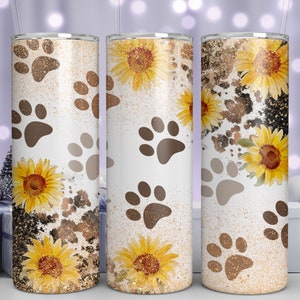 Sunflower Dog Paw 20 oz Skinny Tumbler Sublimation Design Straight Tumbler Wrap Digital Download PNG, Floral Cowhide Pet Tumbler Design