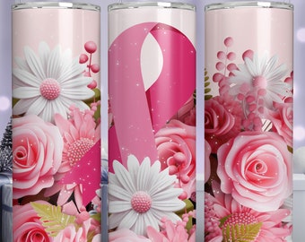 Breast Cancer Awareness 20 oz Skinny Tumbler Sublimation Design Straight Tumbler Wrap Digital Download PNG, Pink Ribbon Awareness Design