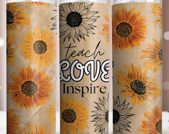 Vaso delgado de 20 oz con diseño de sublimación de girasol para maestros, envoltura para vaso recto, descarga digital PNG, diseño de agradecimiento para maestros