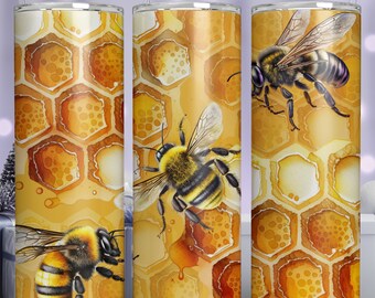 Bee Honeycomb 20 oz Skinny Tumbler Sublimation Design Straight Tumbler Wrap Digital Download PNG, Yellow Tumbler Design