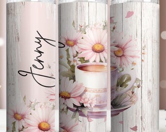 Envoltorio para vaso con diseño floral rosa, puedes agregar tu propio nombre para sublimación, diseño sin costuras con diseño floral de margaritas, plantilla para personalizar tu vaso delgado de 20 oz