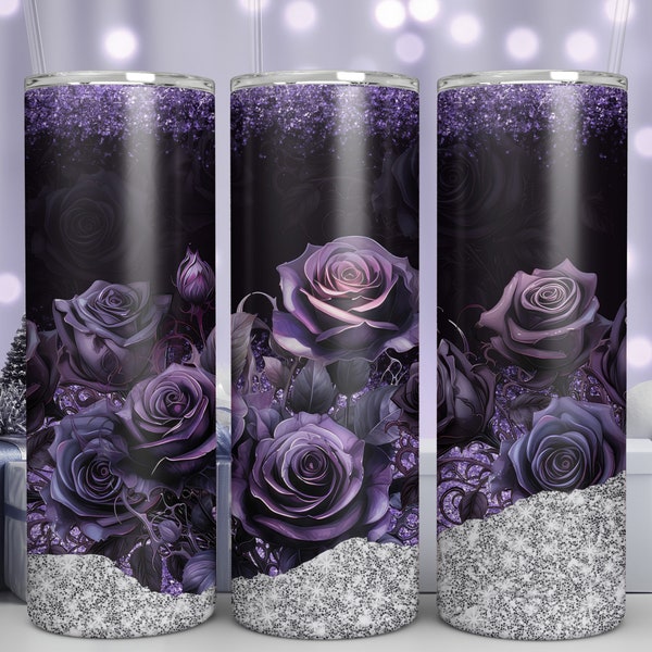 Floral Purple Rose 20 oz Skinny Tumbler Sublimation Design Straight Tumbler Wrap Digital Download PNG, Purple Floral Tumbler Design