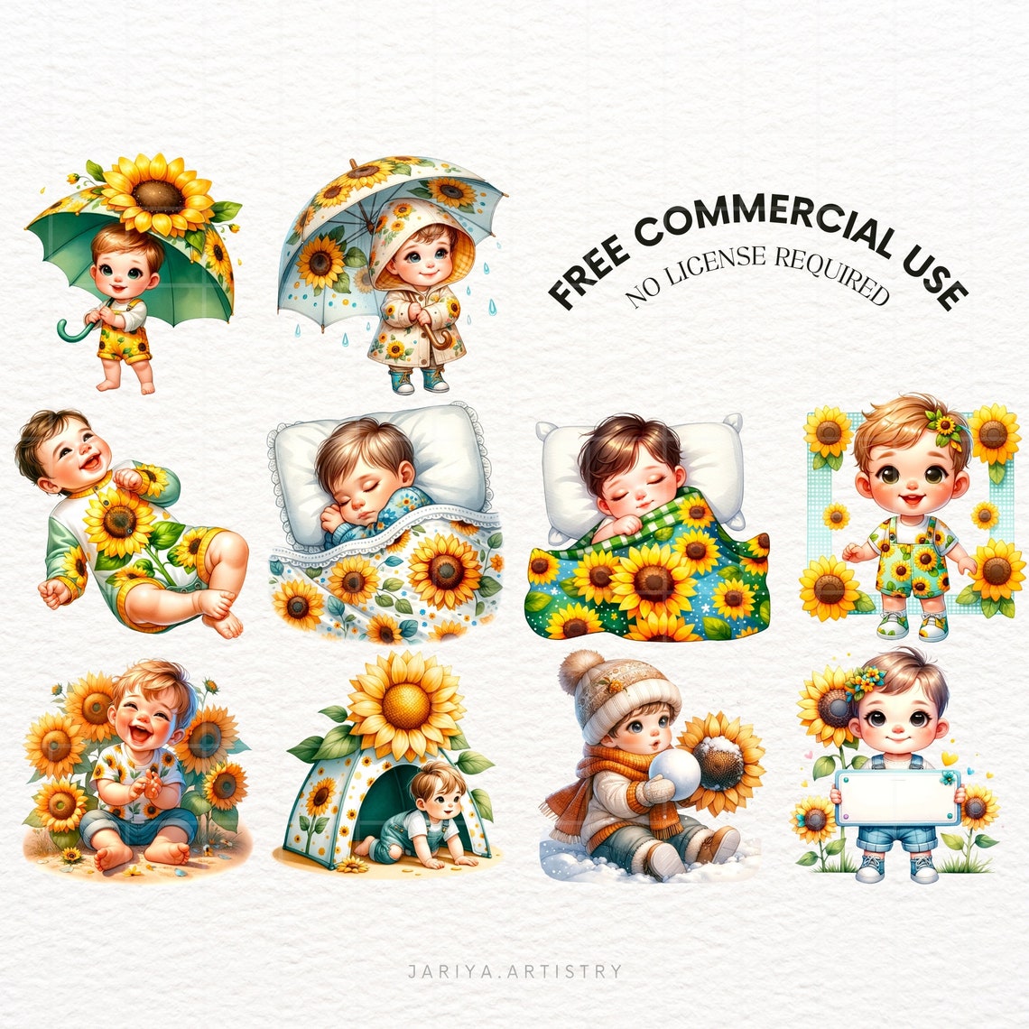 Cute Sunflower Baby Boy Clipart Bundle, Sunflower Baby PNG, Baby Boy ...