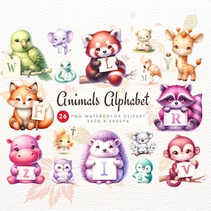 Cute Animals Alphabet Clipart Bundle, Animals Watercolor Letters PNG, Animals Alphabet digital print, Animals Alphabet Transparent