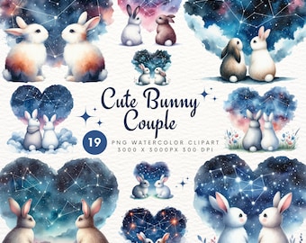 Bunny Couple Clipart Bundle, Valentine watercolor clipart PNG, animal couple graphic PNG, love romantic clipart, sublimation design PNG