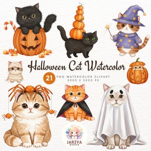 Halloween Cat Watercolor Clipart PNG – Cute Black Cats, Pumpkin Kitty, Kawaii Fall Stickers for Kids & Planners