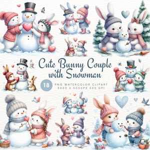 Kaninchen Paar mit Schneemann Clipart, Valentinstag Aquarell PNG, Tier Paar PNG, Liebe romantische Clipart, Sublimationsdesign