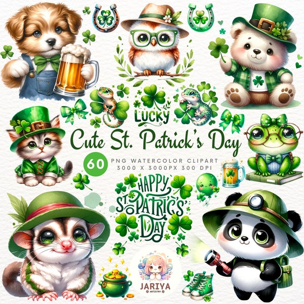 Cute St. Patrick's Day Animal Clipart Set - Cute Watercolor Shamrock Designs for Commercial Use