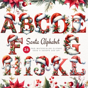 Conjunto de clipart festivo do alfabeto do Papai Noel - designs PNG de A-Z, impressões e fundos transparentes