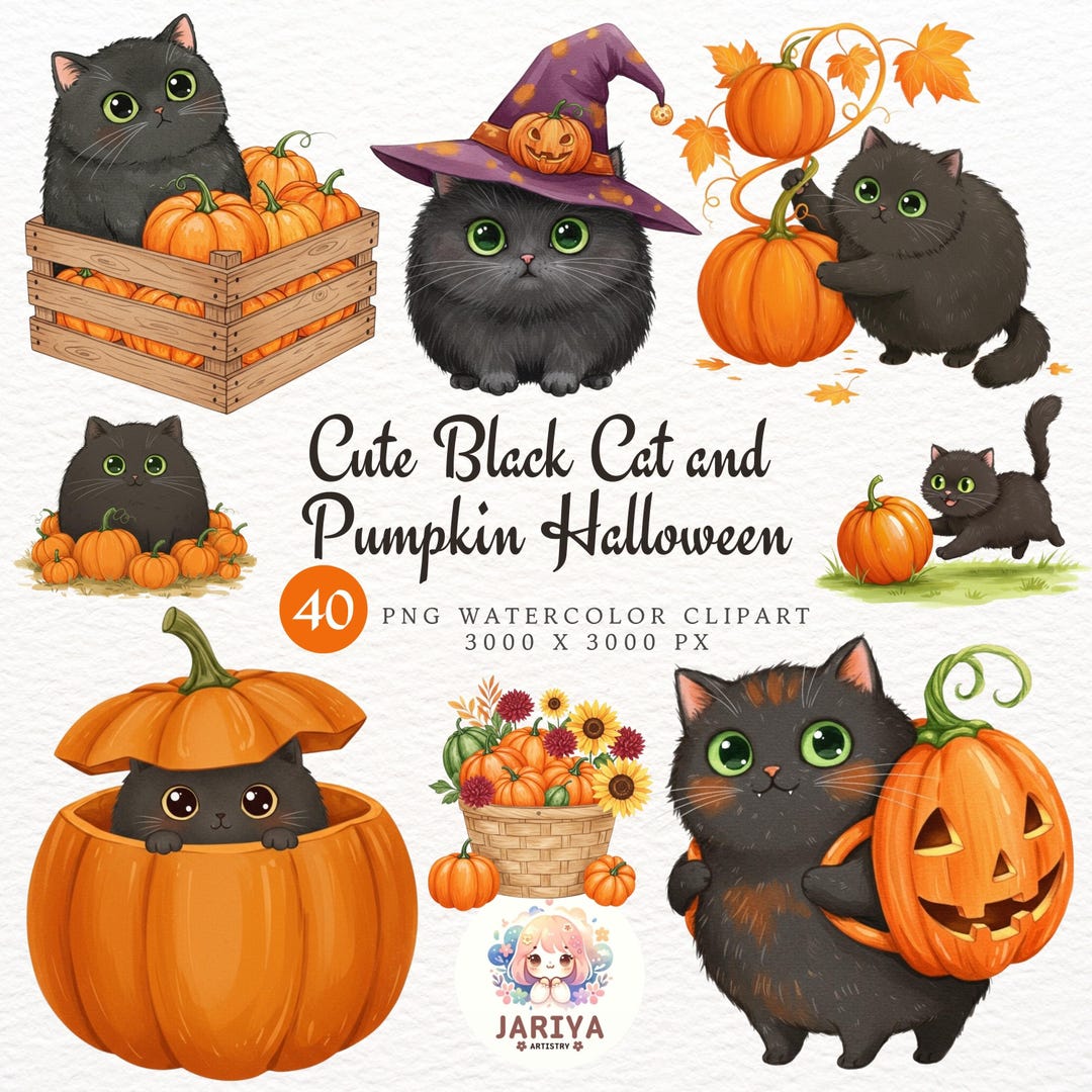 Cute Black Cat & Pumpkin Halloween Clipart – Watercolor Chubby Cat ...