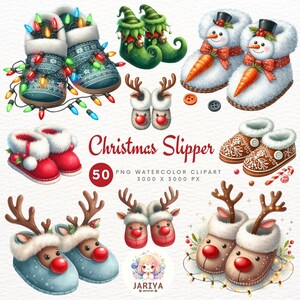 Imágenes prediseñadas de zapatillas navideñas acogedoras Ilustraciones de calzado festivo para manualidades navideñas y decoración de temporada