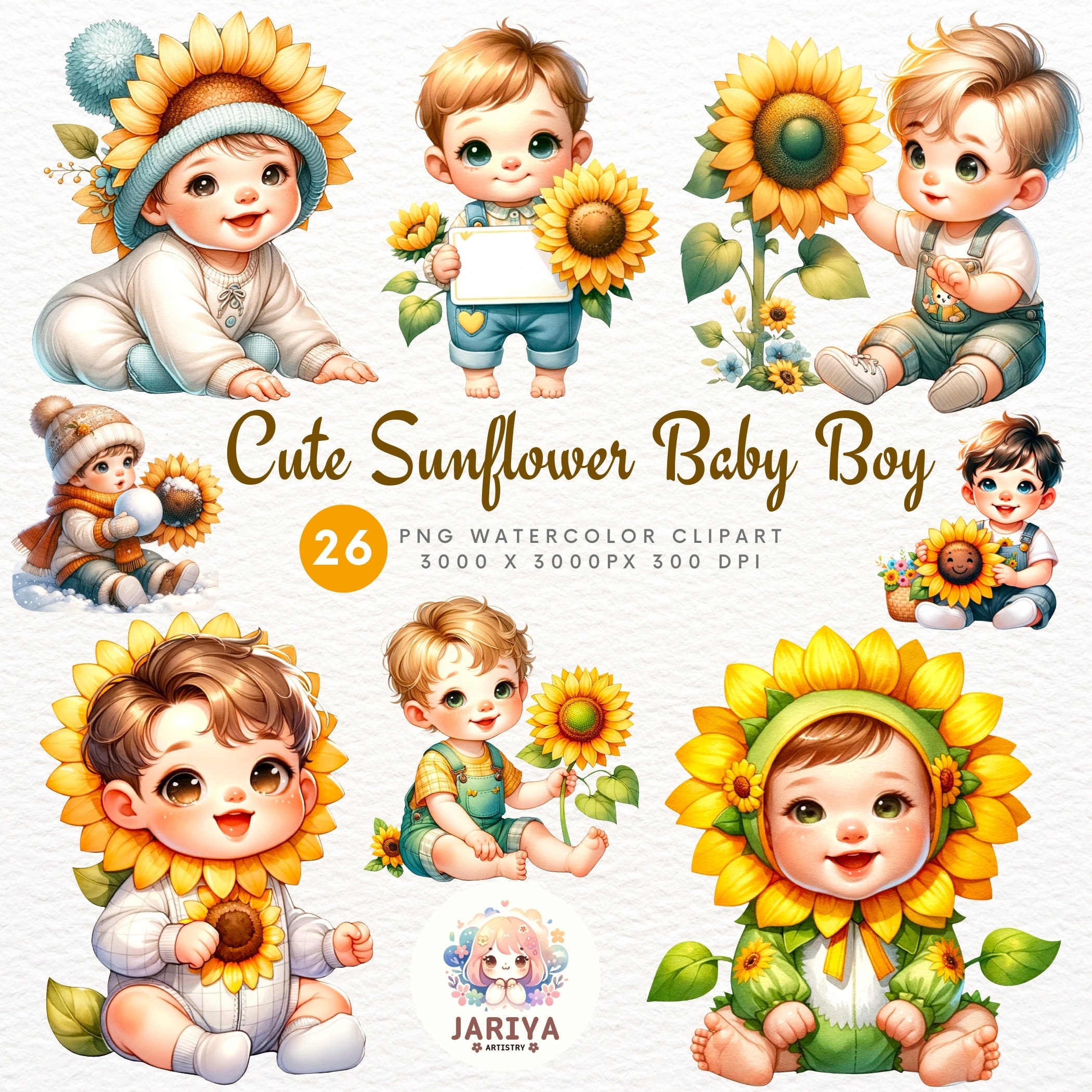 Cute Sunflower Baby Boy Clipart Bundle, Sunflower Baby PNG, Baby Boy ...