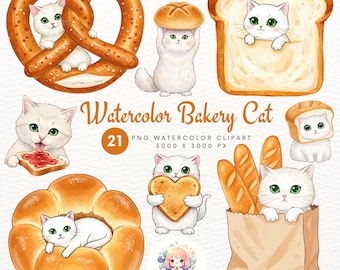 Watercolor Bakery Cat Clipart, Cute White Cat PNG Set