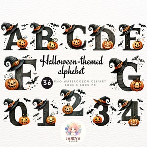Conjunto de imágenes prediseñadas del alfabeto de Halloween en acuarela: diseños PNG de la A a la Z Letra PNG espeluznante de Halloween Fuente de Halloween Letra PNG separada