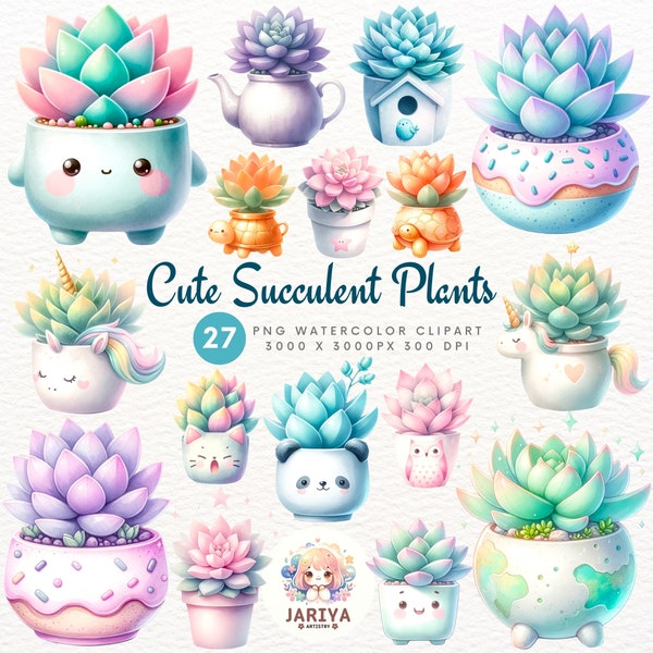 Pastel Succulent Clipart, Watercolor Succulent PNG, Cute Succulent PNG, Succulent Plant, Greenery Cactus PNG, Kawaii Clipart