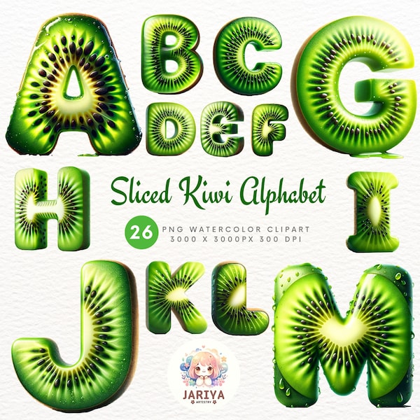 Alphabet Sliced Kiwi ABC Letters by Jariya Artistry - Watercolor A-Z Letters for Commercial Use