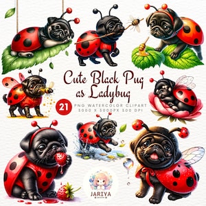 Puppy Love: Black Pug Ladybug PNG Images for Card Making and Sublimation Printing