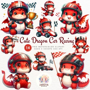 Entzückendes Drachen-Rennwagen-Clipart-Set, Aquarell Baby Dragon PNG, lustige Renngrafik