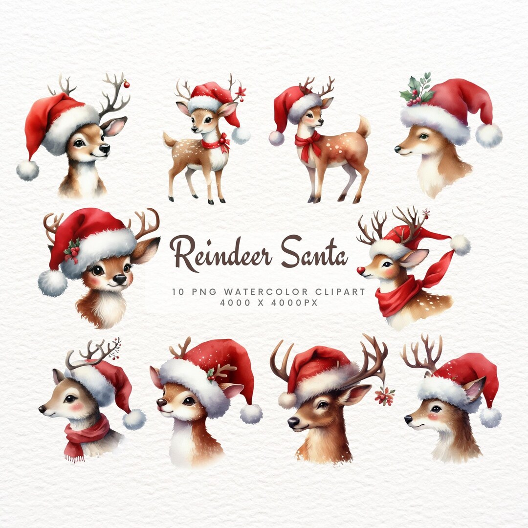 Watercolor Reindeer Santa Clipart Bundle, Reindeer Clipart PNG ...