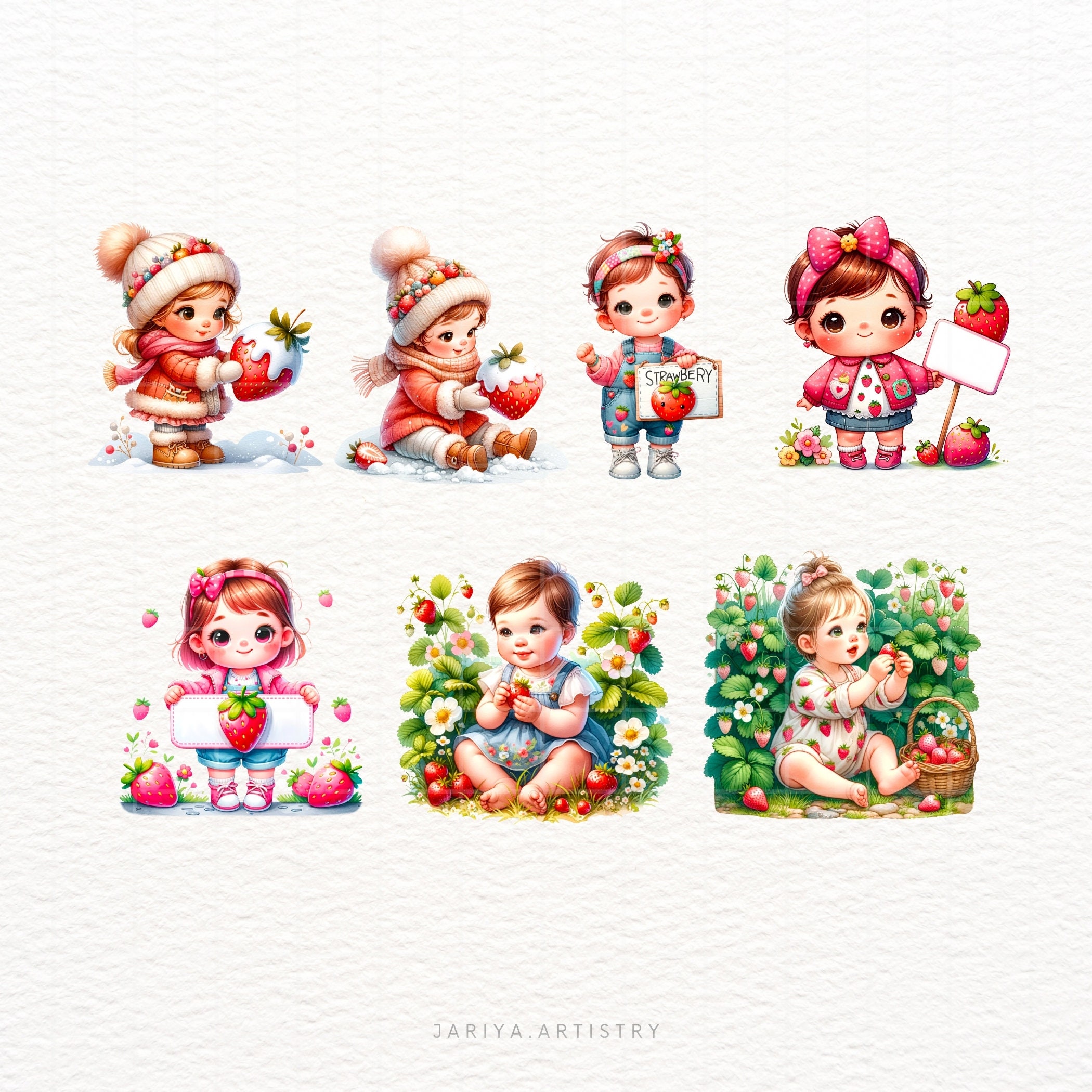 Cute Strawberry Baby Girl Clipart Bundle, Baby Girl PNG, Strawberry