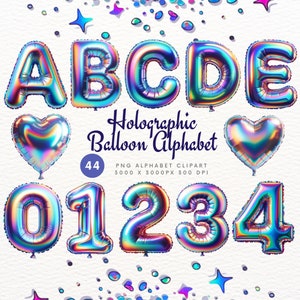 Paquete de imágenes prediseñadas del alfabeto de globos holográficos, A-Z Clipart PNG, diseños de globos holográficos, letras de globos holográficos, uso comercial