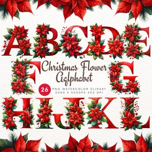 Pacote de clipart de alfabeto de flores de Natal, A-Z Clipart PNG, designs de alfabeto de flores de Natal, alfabeto de flores de Natal transparente