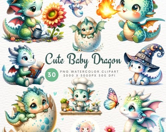 Könnte beinhalten: Ein Set mit 30 niedlichen Baby-Drachen-Illustrationen im Aquarell-Stil. Die Drachen sind in verschiedenen Posen dargestellt, darunter beim Lesen eines Buches, beim Schlüpfen aus einem Ei und beim Feuerblasen. Die Illustrationen sind perfekt für den Einsatz in digitalem Scrapbooking, Kartenherstellung und anderen kreativen Projekten.