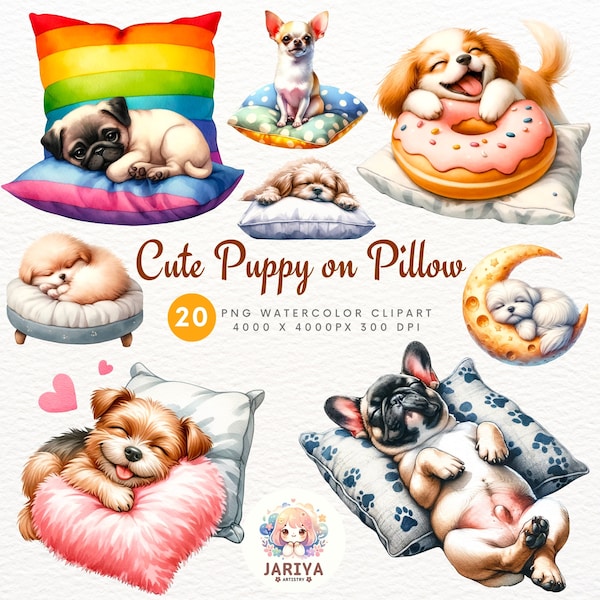 Cute Puppy on Pillow Watercolor, Cute Dog Sublimation Designs, Dog Breeds PNG File, Cute Dogs Digital Illustration, Puppy Portrait Prints