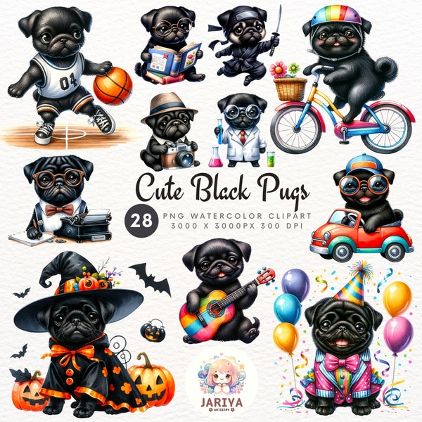 Puppy Love: Black Pug PNG Images for Card Making and Sublimation Printing