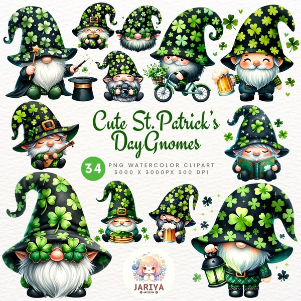Lucky Gnome Clipart Set, St. Patrick's Day Watercolor Design, Instant Download, Cute Shamrock PNG