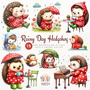 Coleção de clipart em aquarela de ouriço fofo para dia chuvoso para decoração de chá de bebê - download digital