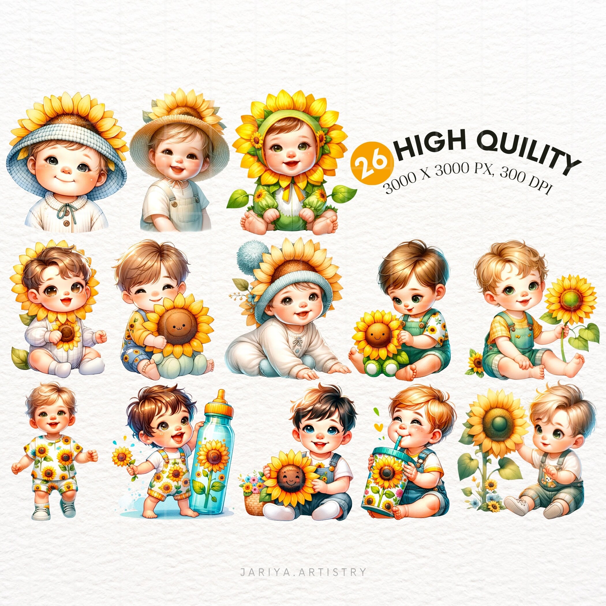 Cute Sunflower Baby Boy Clipart Bundle, Sunflower Baby PNG, Baby Boy
