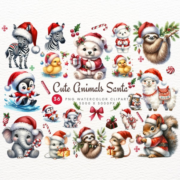 Cute Animals Santa Clipart Bundle, Animals Santa PNG, Cute Animals Santa designs, Animals Santa Prints, Watercolor Cute Clipart