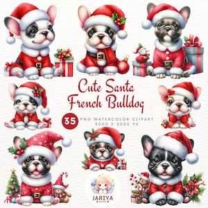 Süße Französische Bulldogge im Santa Outfit Frohe Aquarell Clipart für Weihnachtskarten und festliche Dekoration