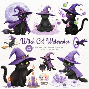 Witch Cat Watercolor Clipart – Black Cats with Purple Eyes, Magic Spellbook, Cauldron, Broomstick PNG