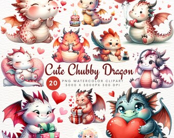 Watercolor Baby Dragon Clipart, Cute Valentine PNG (3000x3000 px)