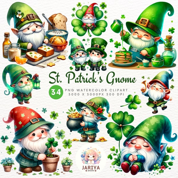 Adorable St. Paddy's Gnome Clipart Set: Watercolor & PNG for Commercial Use