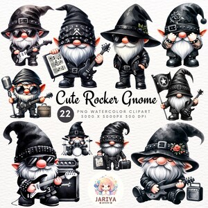 Paquete de imágenes prediseñadas de Rock Star Gnome - Imágenes divertidas de acuarela para manualidades, camisas y sublimación, tema de fantasía