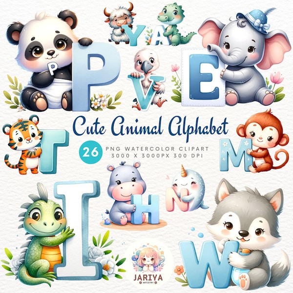 Adorable Animal Alphabet Clipart Bundle - Watercolor A-Z Letters, Printable ABCs, Commercial Use