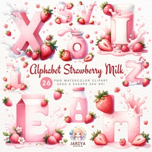 Alfabeto de acuarela Letras ABC de leche de fresa - Imprimible para uso comercial