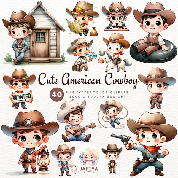 Vintage American Cowboys, Children's Rodeo Art, Little Cowboy Clipart Print