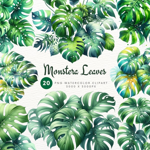 Tropical Monstera Leaves Bundle - Vibrant Watercolor Clipart Set for Instant Download, Commercial Use