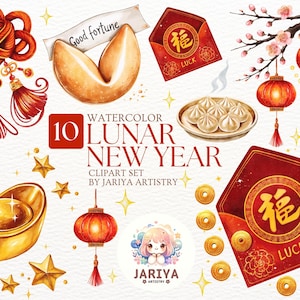 Clipart aquarelle dynamique du Nouvel An lunaire : illustrations festives de festival asiatique pour travaux manuels et décoration de fête