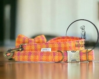 Orange Pink Yellow Check Tartan Harris Tweed Handmade Dog Collar Collars Leads Bow Tie Pet Leash Dog Collar