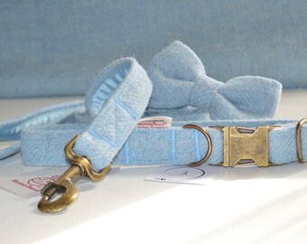 Baby Blue  Harris Tweed Handmade Dog Collar Collars Leads Bow Tie Pet Leash Dog Collar