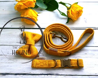 Mustard Yellow handmade Harris Tweed Handmade Dog Collar Collars Leads Bow Tie Pet Leash Dog Collar