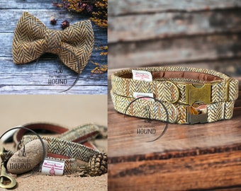 Brown herringbone handmade Harris Tweed Handmade Dog Collar Collars Leads Bow Tie Pet Leash Dog Collar