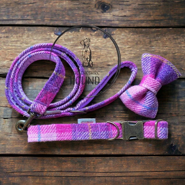 Pink Purple Check Tartan Harris Tweed Handmade Dog Collar Collars Leads Bow Tie Pet Leash Dog Collar