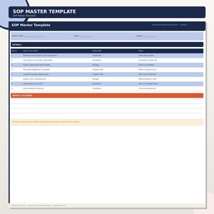 May include: A SOP Master Template document with a blue and white header. The document includes sections for details, notes, and actions. Text includes "SOP Master Template" and "Standard Operating Procedure - Interior".
