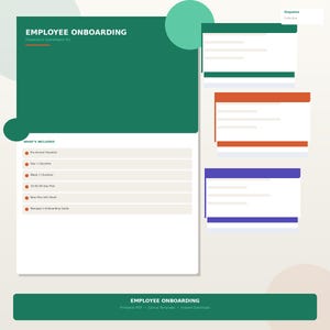May include: A digital employee onboarding template with a green and white design. The checklist includes pre-arrival, day 1, week 1, and 30-60-90 day plans, plus a new hire info sheet and a manager's onboarding guide.